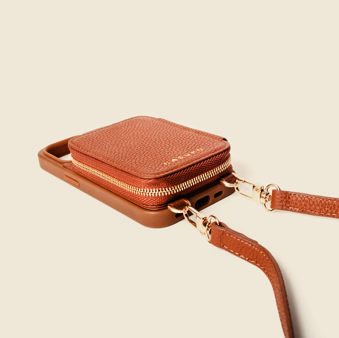 iPhone Case and Wallet with Long Strap - Tan